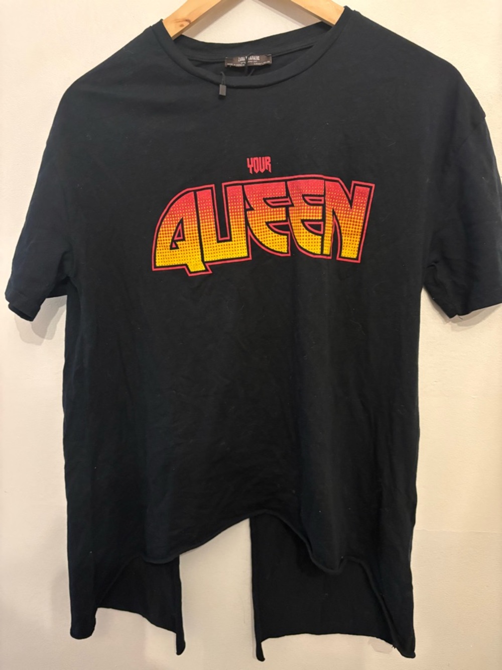 Zara Black Tee with Red and Yellow 'QUEEN' Graphic